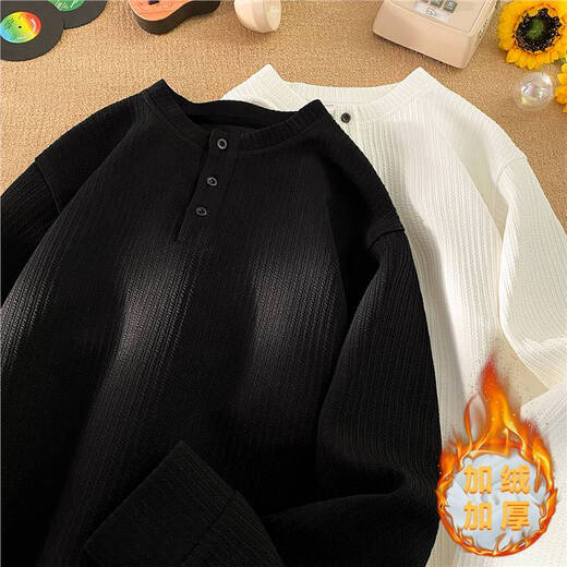 Jufeng winter velvet thickened Henry collar long-sleeved T-shirt for men cleanfit American textured inner sweatshirt base layer black 4XL 180 to 200Jin Jin equals 0.5 kg can be worn