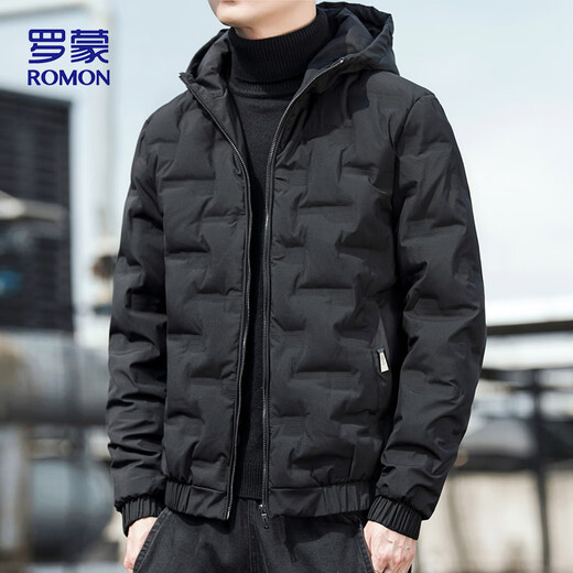 ROMON down jacket men's winter outdoor warm hooded versatile casual high-end jacket top men's 886 black XL