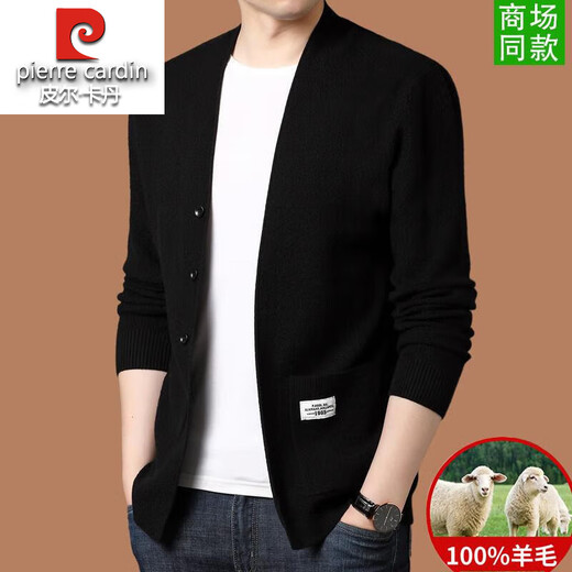 Pierre Cardin Machine Washable 100% Wool Sweater Knitted Cardigan Sweater Men's 2025 Spring and Autumn Casual Fashion High-End Jacket K1610-Black XL 175 Recommended 140-155Jin Jin equals 0.5kg
