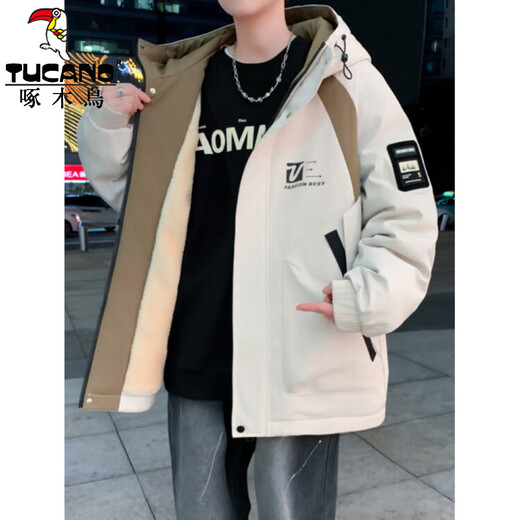Woodpecker (TUCANO) autumn and winter youth velvet thickened cold-resistant warm jacket men's jacket cotton jacket junior high school and high school student top 807 beige velvet thickened 2XL recommended 140-160Jin Jin equals 0.5 kg