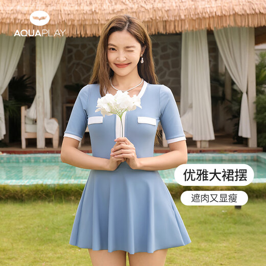 AQUAPLAY Women's Blue Hot Spring French Skirt Swimsuit Seaside Vacation Slim Swimsuit Camellia Blue Swimsuit + Swimming Cap + Swimming Goggles + Cape M (100-115Jin Jin is equal to 0.5kg)