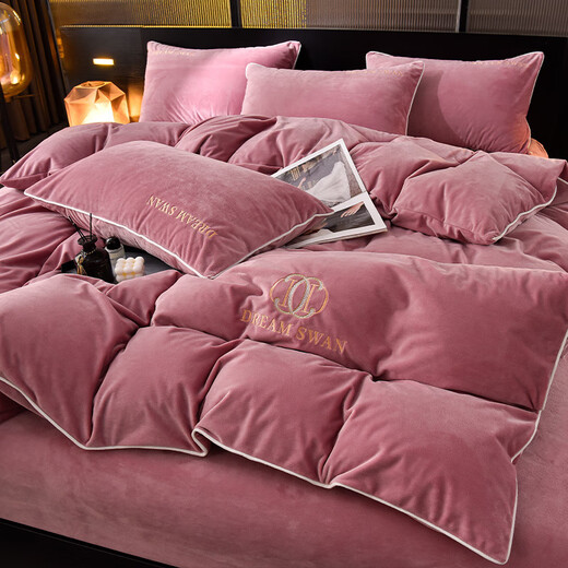 Dunlopillo High Weight Baby Milk Velvet Four-piece Set Warm Winter Sheets and Quilt Covers Coral Velvet Double-sided Plush Bedding Warm Luxury-Bean Paste Red Class A Quality Velvet Encryption 1.8 Bed Four-Piece Sheet Set Quilt Cover 200cm*230cm