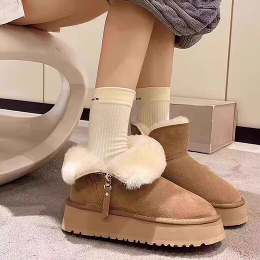 Huilirui Northeast snow boots for women winter 2025 new velvet thickened khaki cotton shoes thick sole non-slip warm bread shoes yellow brown 38
