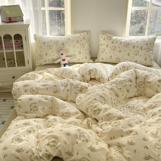 Pure cotton four-piece set of pure cotton bedding 2025 new fresh floral quilt cover dormitory bed sheet three-piece set for four seasons Rabbit's Joy 1.8m bed quilt cover 180*220 bed sheet 230*230 pillowcase 2