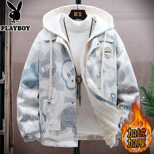 Playboy (PLAYBOY) fake two-piece hooded jacket for men in autumn and winter 2025 new velvet thickened jacket trendy brand youth workwear jacket 10223/W9903 Bear L (about 120~140Jin Jin is equal to 0.5kg can be worn)