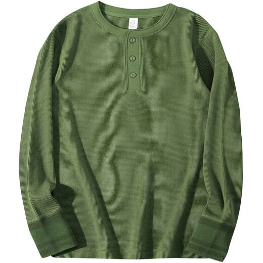FOG RETRO Hong Kong light luxury trendy brand heavyweight pure cotton waffle long-sleeved T-shirt men's spring and autumn Henry shirt collar sweatshirt bottoming shirt olive green S 95-115Jin Jin equals 0.5 kg