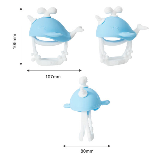 Teething Baby Food Grade Silicone Latex Toothbrush Teething Stick Teething Stick Teething Device Anti-Eating Hand Teether Pacifier Whale Blue and White Color Matching 1 Pack
