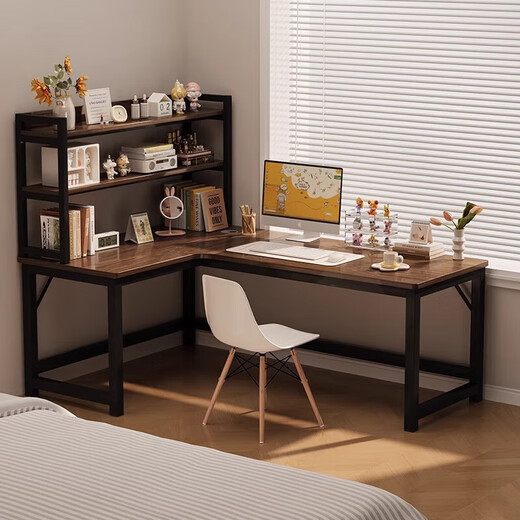 Corner gaming table computer table desktop home double desk bookshelf integrated table bedroom L-shaped table office desk single table dark walnut color right 120x100x75cm