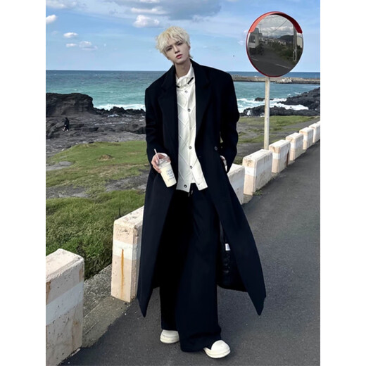 Ivansby's new autumn and winter woolen suit collar double-breasted warm coat lazy style thickened coat drape men's knee-high windbreaker black cotton 2XL