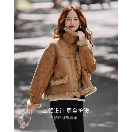 Shangjing Fashion Retro Contrast Color Lapel Short Jacket Women's 2025 Winter New Big Fur Collar Casual Thickened Warm Short Jacket Khaki L