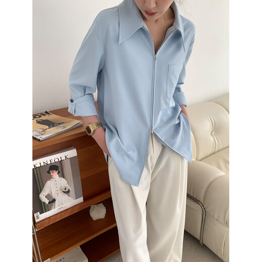 KSOEUR Sister K’s homemade treasure shirt matt sunscreen hollow yarn versatile single pocket shirt for women blue XS