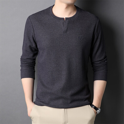 LESS IS MORE Lilang Men's Mixed Cotton Henley Collar Men's T-shirt Spring and Autumn New Long Sleeve T-shirt Bottoming Shirt Men's Dad Green M 48 90-105Jin Jin is equal to 0.5 kg
