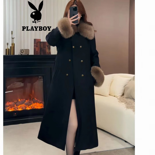 Playboy (PLAYBOY) off-season deal with rich woman daughter down coat women's big fur collar long coat down jacket slimming temperament black with fur collar official flagship version with shipping insurance S 80-105