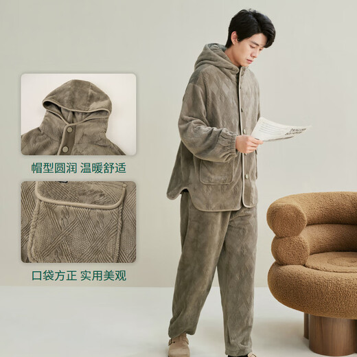 Anzhiban Giant Warm Couple Pajamas Women's Autumn and Winter Coral Velvet Thickened Winter Men's Hooded Home Clothes Aoki Brown Male XL