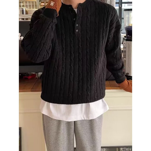 Henry collar sweater men's autumn and winter braided hemp pattern lazy style long-sleeved pullover sweater gray 2XL