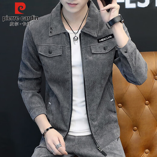 Pierre Cardin Jacket Men's Autumn and Winter Trendy Casual Work Jacket Men's Handsome Lapel Clothes Men's Gray XL