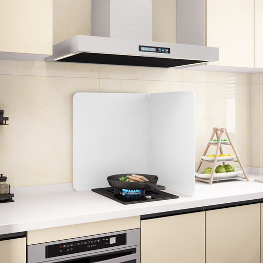 Kitchen oil baffle, high temperature resistant folding oil baffle for gas stove, cooking splash-proof range hood heat insulation baffle, height 40* length 40* depth 40, three-piece fold, white model