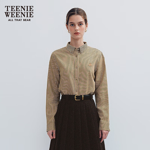 Teenie Weenie Bear Women's Shirt 2025 Winter New Simple Daily Slim Striped Shirt Khaki M
