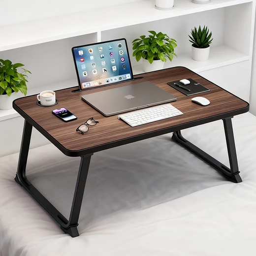 Jingcai computer table bed table study table desk folding table ZJ07 walnut color 70*50cm card slot + cup holder