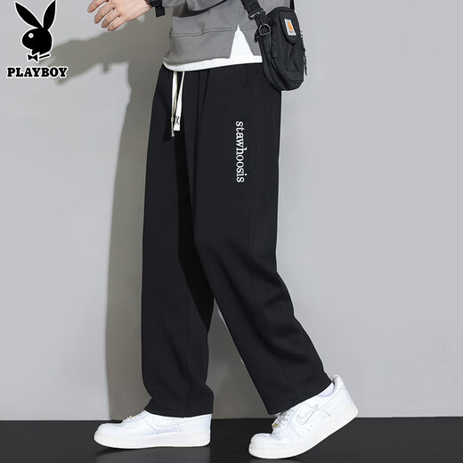 Playboy (PLAYBOY) casual pants men's pants men's autumn and winter wide-leg loose straight sports American sports pants black XL