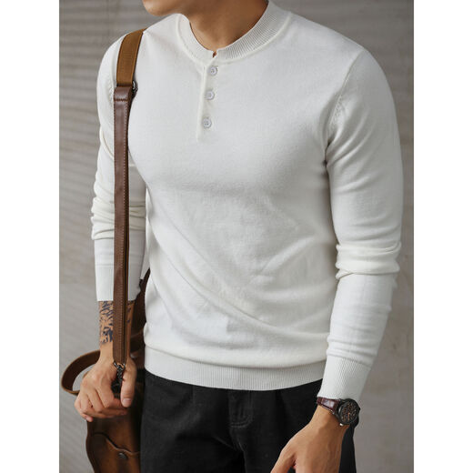 Xiaohongshu's hot style simple luxury white sweater men's fashion henley collar long-sleeved sweater slim fit top white M M95-110Jin Jin equals 0.5 kg