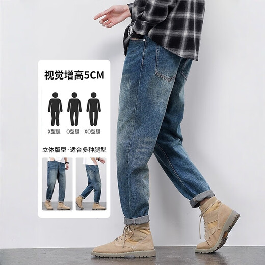 Baleno S&K series retro men's jeans new men's spring, autumn and winter plus velvet loose straight casual long pants nostalgic blue (regular) 32