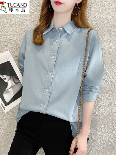 Woodpecker velvet shirt for women 2026 autumn and winter new casual fashion thickened warm and cotton inner with integrated velvet bottoming top blue M