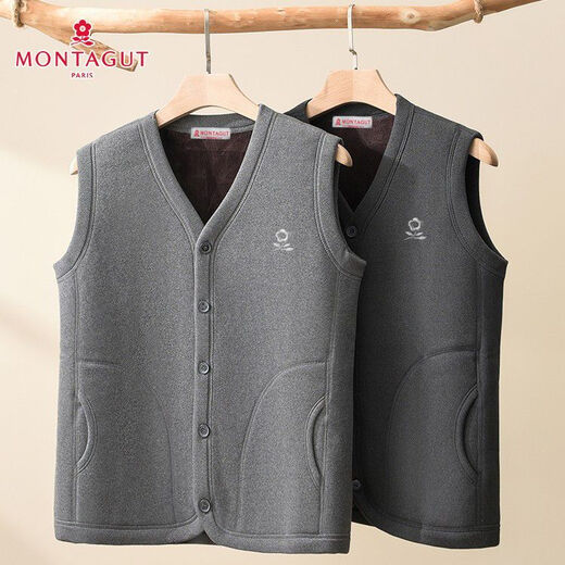 梦特娇（MONTAGUT）秋冬季中老年背心马夹男士加厚保暖外套宽松坎肩外穿爸爸装 浅灰色【加绒马甲】 加厚 2XL 建议115-135斤穿