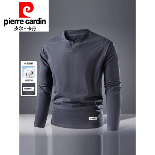 Pierre Cardin heavyweight Milan color spring and autumn new four-button Henry collar men's long-sleeved T-shirt business top bottoming shirt knitted dark gray L 175/92A