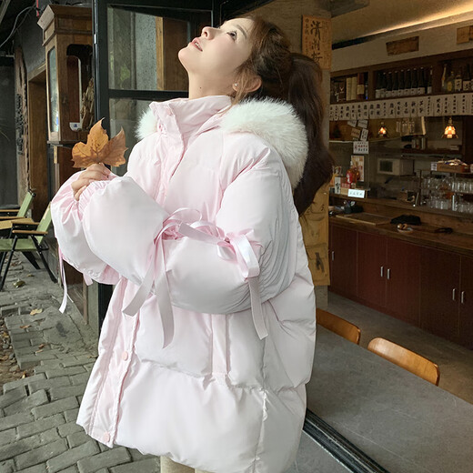 Big fur collar short pink ribbon down jacket for women winter 2025 new design small white duck down jacket yellow collection add purchase priority delivery XL genuine free shipping insurance one size