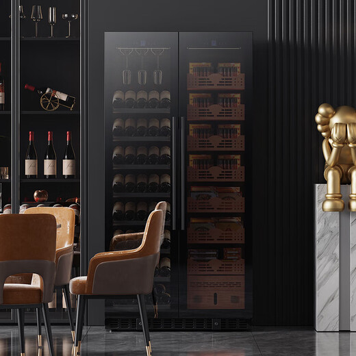 Kamige Cigar Cabinet Mirror Glass Double Door Double Temperature Constant Temperature and Humidity Tobacco and Wine Cabinet Tea Beverage Cabinet Refrigerated Cabinet Air-cooled Frost-free Household Commercial Large Capacity Embedded in Spain 1.9 Meters丨Light Sensing Mirror Dual Temperature Zone丨Tea + Cigar丨Thick Style