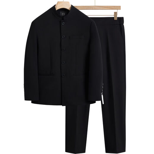 Bgundy high-end suit, new Chinese style groom, wedding and engagement, black stand-up collar tunic suit, black jacket + pants + white stand-up collar lining 2XL