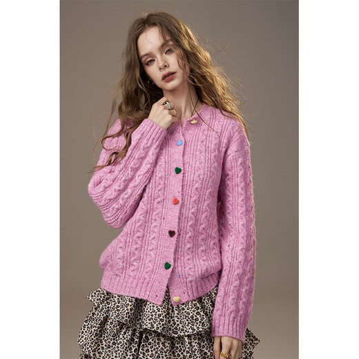 Fairy's Pocket Colorful Love Button Cable Cardigan Sweater Women's 2025 Autumn and Winter New Sheep Wool Jacket Cream Pink M