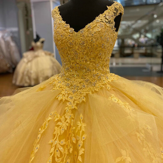Colorful gauze evening dress European and American tutu skirt double shoulder V-neck off-shoulder princess dress yellow prom party dress picture color XS