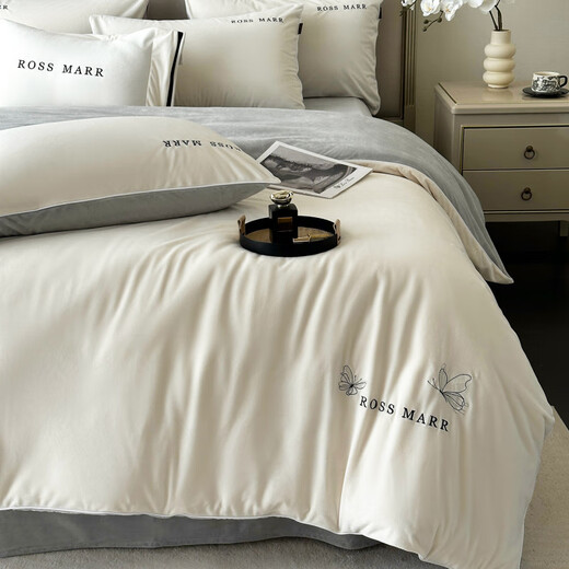 Xinneng Mercury Home Textiles produces winter Class A milk velvet four-piece set, thickened coral velvet bedding, skin-friendly and naked sleeping, baby velvet - white gray, fitted sheet, 1.8m four-piece set - quilt cover 220x240cm