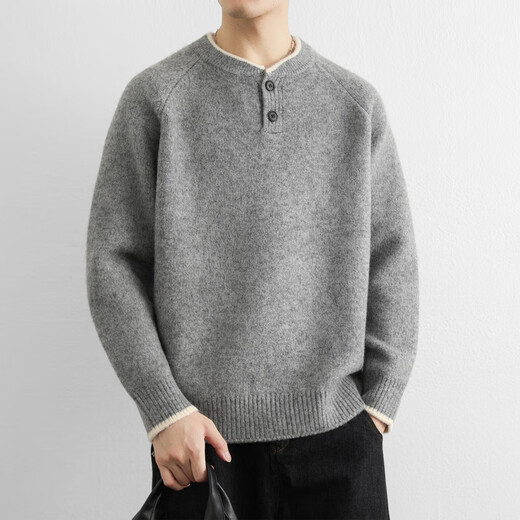 MONTAGUT Wool Blended Henley Collar Retro Sweater Men's Winter New Thickened Warm Sweater with Pullover Top Light Gray L 120-140Jin Jin equals 0.5kg