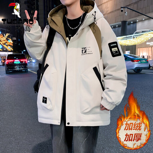 Woodpecker (TUCANO) autumn and winter youth velvet thickened cold-resistant warm jacket men's jacket cotton jacket junior high school and high school student top 807 beige velvet thickened 2XL recommended 140-160Jin Jin equals 0.5 kg