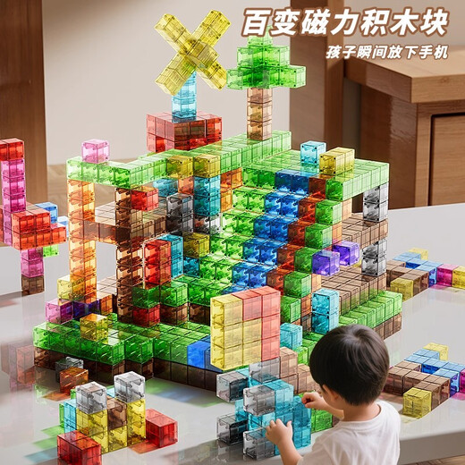 Variety of geometric magnetic building blocks, transparent magnetic blocks, educational development and intellectual building toys for boys and girls, 200 particles of transparent magnetic blocks, random colors, free storage box