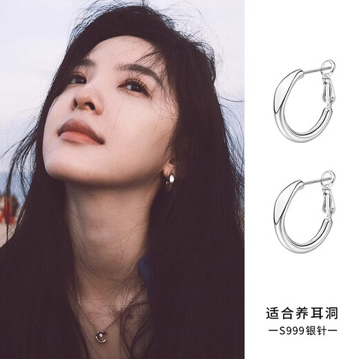 LnieerS999 Pure Silver Needle Zhang Ruonan's Same Style Earrings Circle Earrings Women's Light Luxury Niche Earrings High-end Autumn and Winter Earrings Geometric Circle Earrings 999 Silver Needle