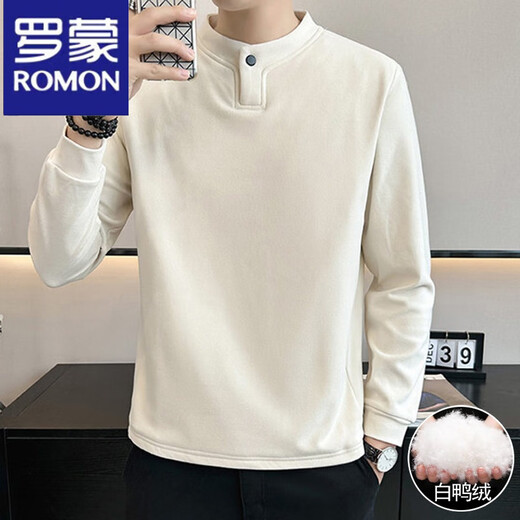 Luo Meng Down T-shirt Men's Long Sleeve 2025 Winter Trend Henry Collar German Velvet Inner Bottoming Shirt Men 3319 Beige M 90-110