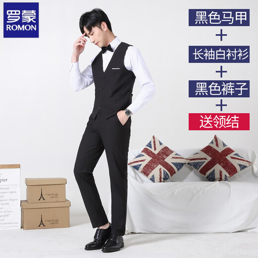 ROMON Groomsmen Clothing Brotherhood Clothes Men's Suit Vest Shirt Three-piece Large Size Wedding Spring Suit Black Vest + Pants + Long Sleeve White Shirt Free Bow Tie XL