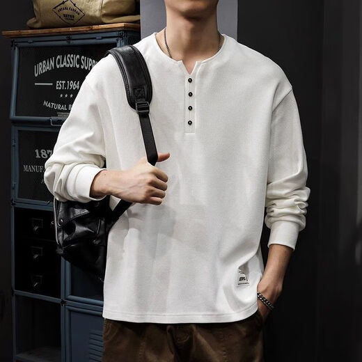 Fragrant Henry Collar Long Sleeve Autumn New Korean Henley Collar Men's American Fashion Brand White Bottoming Shirt Loose YZ White High Quality M Recommended M-100Jin Jin is equal to 0.5 kg