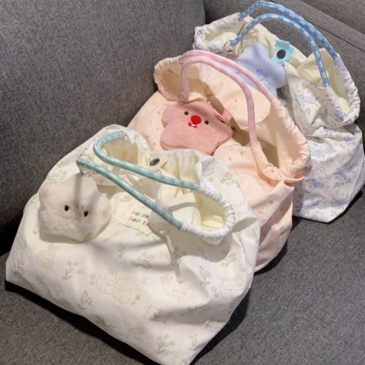 New Cute Floral White Rabbit Canvas Bag Women's Shoulder Bag Large Capacity Handbag Carrying Book Bag Tote Bag Pink Long-eared Rabbit High-Quality Version - No Ornaments