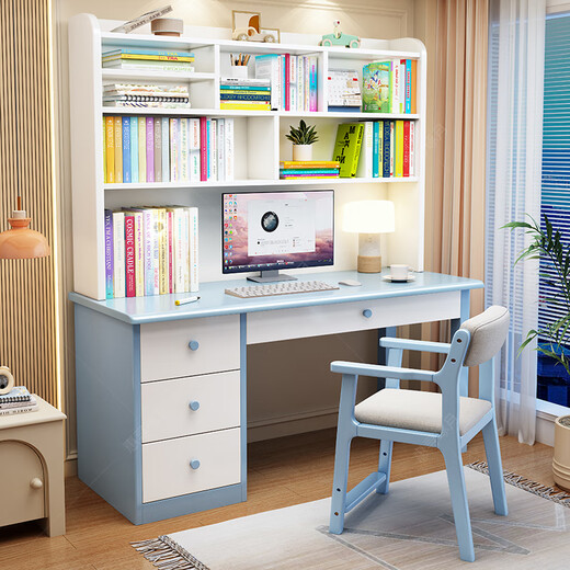 Huixun computer desk all solid wood desk and bookcase integrated student home writing simple desk bedroom children's study table walnut color #desk + bookshelf 100cm*60cm*75cm total height 185cm