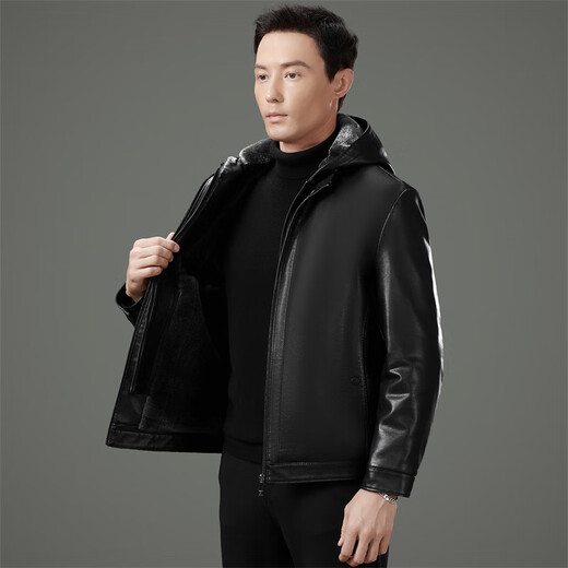 KBXNG Jinba 2025 New Winter Velvet Thickened Leather Jacket Men's Genuine Leather Middle-aged and Elderly Dad's Leather Jacket with Fur Integrated Black 8036 Model M 170