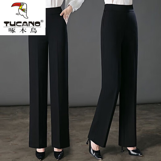 Woodpecker 2025 Autumn and Winter New High Waist Casual Women's Pants Black Plus Velvet Not Bulky Thickened Suit Pants Women's Straight Pants Plus/Fleet Not Bulky Long/Pants XL 120-135Jin Jin is equal to 0.5 kg