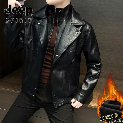 JEEP SPIRIT2025 new autumn and winter fake two-piece men's leather jacket plus velvet new high-end handsome motorcycle leather jacket high black thin velvet spring and autumn M