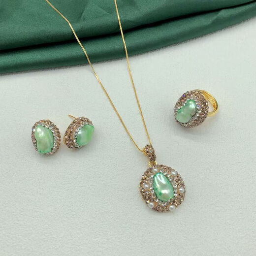 Obero WB28 Green Natural Pearl Inlaid Necklace Ring Small Earring Set Niche Fashion Versatile Women's Accessories