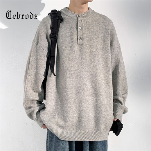 Cebrodz French sweater men's autumn and winter new Henry collar bottoming shirt old money style long-sleeved pullover loose casual clothes light gray L