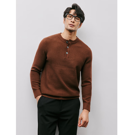 ONEDEW sweater men's spring and autumn new business casual slim henley collar long-sleeved sweater solid color wool sweater apricot M